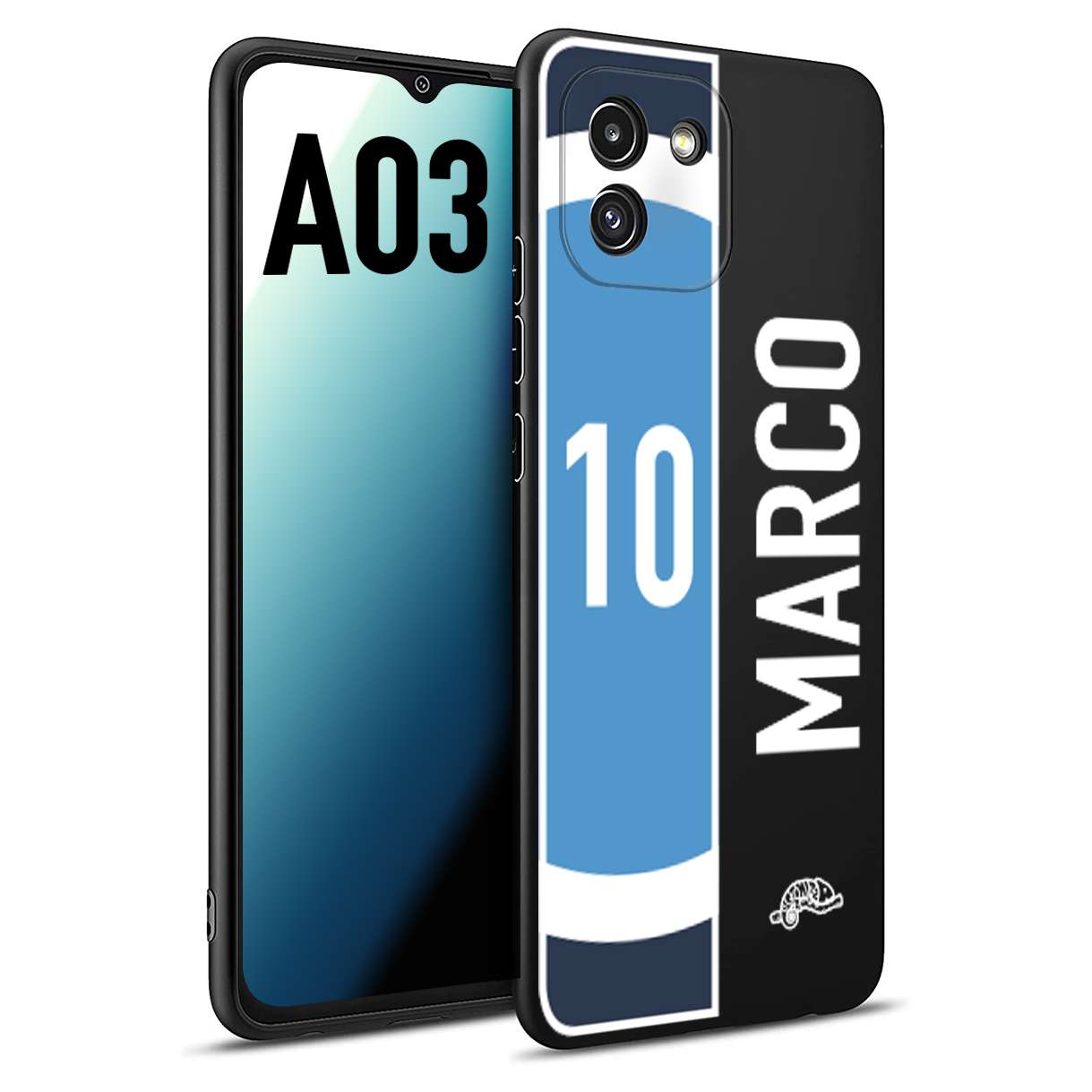 CUSTOMIZZA - Custodia cover nera morbida in tpu compatibile per Samsung A03 personalizzata calcio football nome e numero calciatori biancoazzurri bianco celesti