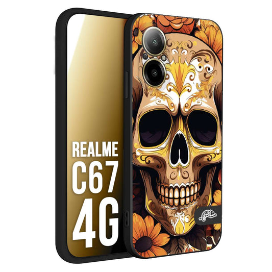 CUSTOMIZZA - Custodia cover nera morbida in tpu compatibile per Realme C67 4G teschio messicano colorato dorato fiori tattoo disegnato
