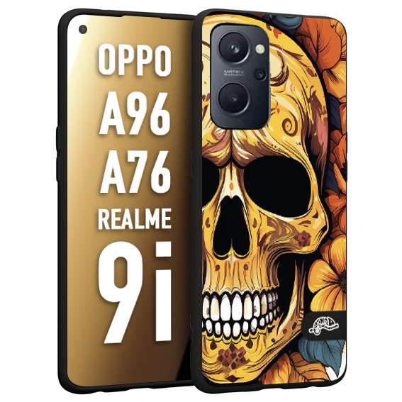 CUSTOMIZZA - Custodia cover nera morbida in tpu compatibile per Realme 9i - A96 - A76 teschio messicano colorato dorato fiori autunnali disegnato