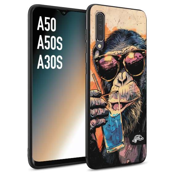 CUSTOMIZZA - Custodia cover nera morbida in tpu compatibile per Samsung A50 - A50S - A30S estate disegnata cocktails animali simpatici scimmia monkey negroni