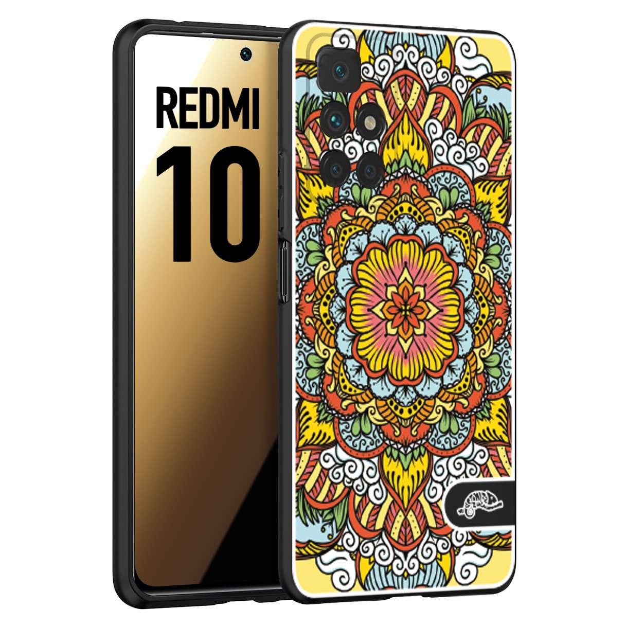 CUSTOMIZZA - Custodia cover nera morbida in tpu compatibile per Xiaomi Redmi 10 mandala colorato fiore nuvole arancione