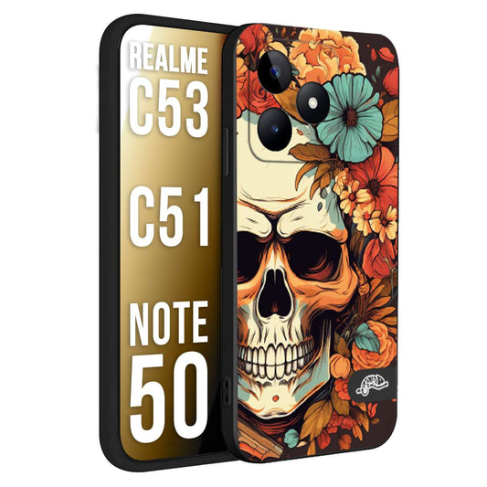 CUSTOMIZZA - Custodia cover nera morbida in tpu compatibile per Oppo Realme C53 - C51 - NOTE 50 teschio skull flowers fiori autunnali arancio celeste tattoo