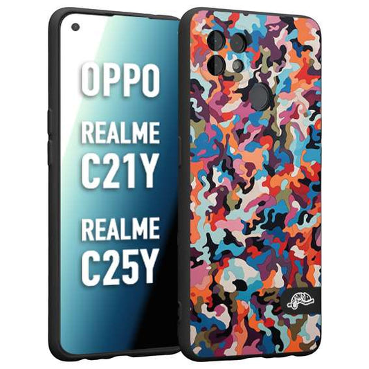 CUSTOMIZZA - Custodia cover nera morbida in tpu compatibile per Oppo Realme C21Y - C25Y camouflage mimetico militare moderno blu arancio rosa