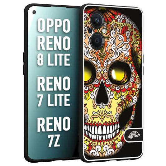 CUSTOMIZZA - Custodia cover nera morbida in tpu compatibile per Oppo Reno 7 Lite - 8 Lite - 7Z teschio messicano Mexican skull giallo rosso arancio