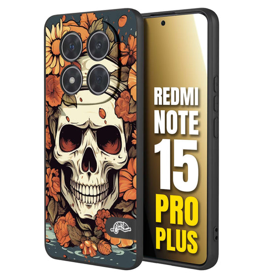 CUSTOMIZZA - Custodia cover nera morbida in tpu compatibile per Xiaomi Redmi Note 15 PRO PLUS teschio skull flowers fiori tattoo disegnato alta definizione