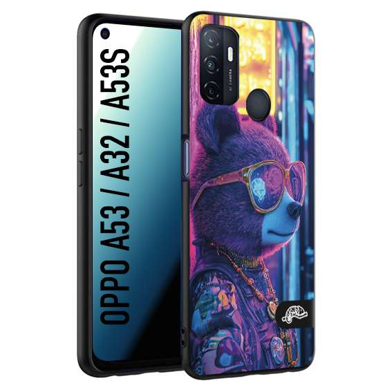 CUSTOMIZZA - Custodia cover nera morbida in tpu compatibile per Oppo A53 - A32 - A53S animali cyberpunk orsetto orso street bear fucsia blu night