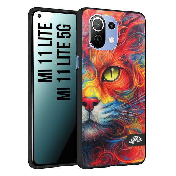 CUSTOMIZZA - Custodia cover nera morbida in tpu compatibile per Xiaomi Mi 11 Lite / Mi 11 Lite 5G animali color cat gatto viso colori vibranti disegnato schizzo