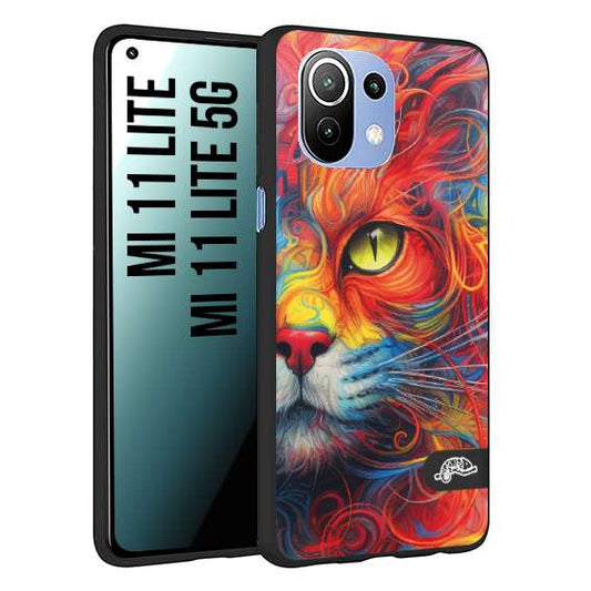 CUSTOMIZZA - Custodia cover nera morbida in tpu compatibile per Xiaomi Mi 11 Lite / Mi 11 Lite 5G animali color cat gatto viso colori vibranti disegnato schizzo