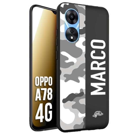 CUSTOMIZZA - Custodia cover nera morbida in tpu compatibile per Oppo A78 4G camouflage mimetico militare personalizzata nome bianco