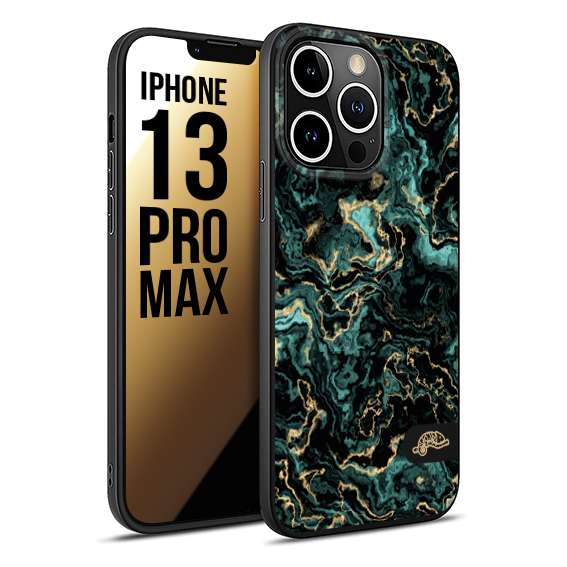 CUSTOMIZZA - Custodia cover nera morbida in tpu compatibile per iPhone 13 PRO MAX effetto marmo marble verde green venature dorato pietra