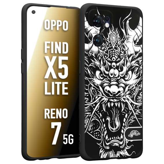 CUSTOMIZZA - Custodia cover nera morbida in tpu compatibile per Oppo Reno 7 - Find X5 LITE drago black and white bianco a rilievo disegnato tattoo tatuaggio
