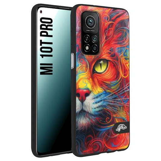 CUSTOMIZZA - Custodia cover nera morbida in tpu compatibile per Xiaomi Mi 10T PRO animali color cat gatto viso colori vibranti disegnato schizzo