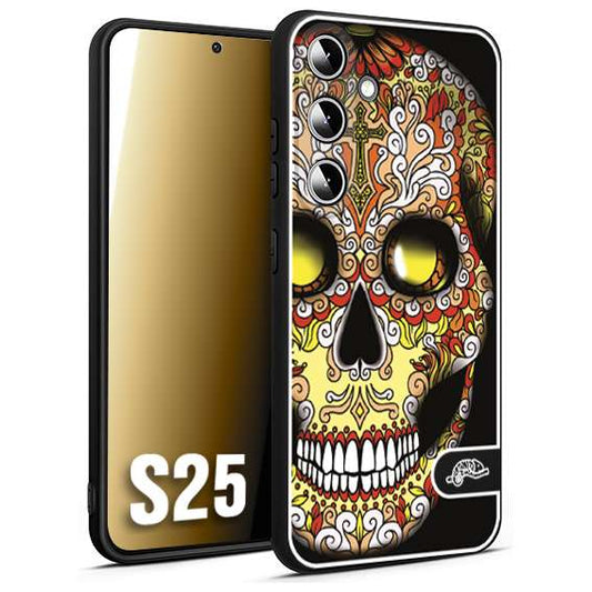 CUSTOMIZZA - Custodia cover nera morbida in tpu compatibile per Samsung S25 teschio messicano Mexican skull giallo rosso arancio