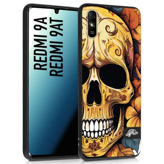 CUSTOMIZZA - Custodia cover nera morbida in tpu compatibile per Xiaomi Redmi 9A - 9AT teschio messicano colorato dorato fiori autunnali disegnato
