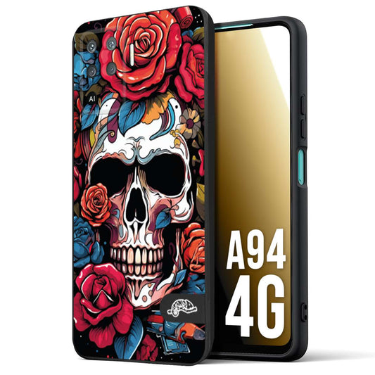 CUSTOMIZZA - Custodia cover nera morbida in tpu compatibile per Oppo A94 4G teschio skull flowers fiori rose rosse tattoo disegnato