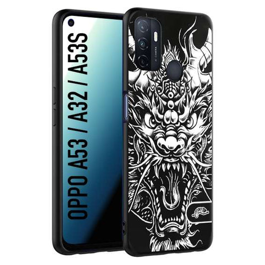 CUSTOMIZZA - Custodia cover nera morbida in tpu compatibile per Oppo A53 - A32 - A53S drago black and white bianco a rilievo disegnato tattoo tatuaggio