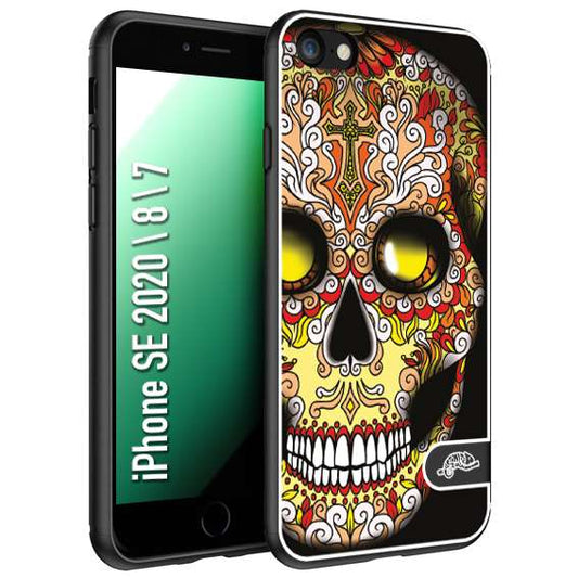 CUSTOMIZZA - Custodia cover nera morbida in tpu compatibile per iPhone 7 - 8 - SE 2020 / 2022 teschio messicano Mexican skull giallo rosso arancio