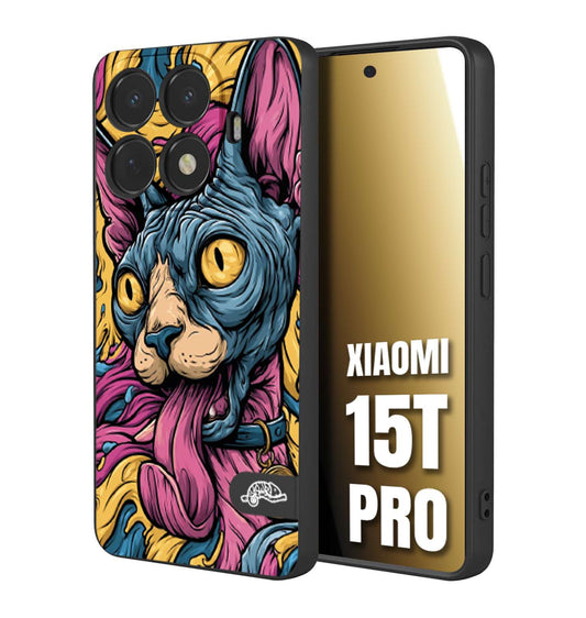 CUSTOMIZZA - Custodia cover nera morbida in tpu compatibile per Xiaomi 15T PRO Sphynx Colorato Pop Art Psichedelico Gatto Blu Rosa Giallo Artistica Fantasy