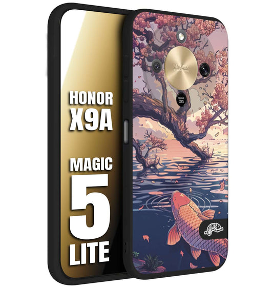 CUSTOMIZZA - Custodia cover nera morbida in tpu compatibile per Honor X9A - Honor Magic 5 Lite giapponese lago carpa koi rosa con foglie d'acero disegnata tattoo