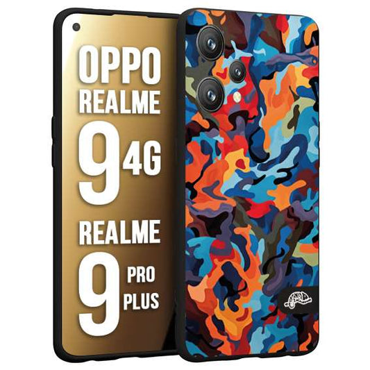 CUSTOMIZZA - Custodia cover nera morbida in tpu compatibile per Oppo Realme 9 4G - 9 PRO PLUS camouflage mimetico militare moderno blu arancio rosso