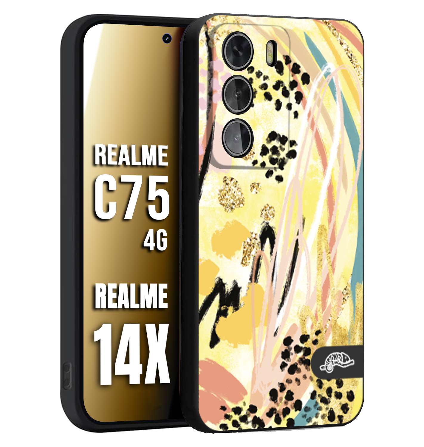 CUSTOMIZZA - Custodia cover nera morbida in tpu compatibile per Realme 14X - C75 4G astratti donna flower fantasia estate gialla rosa leopardata