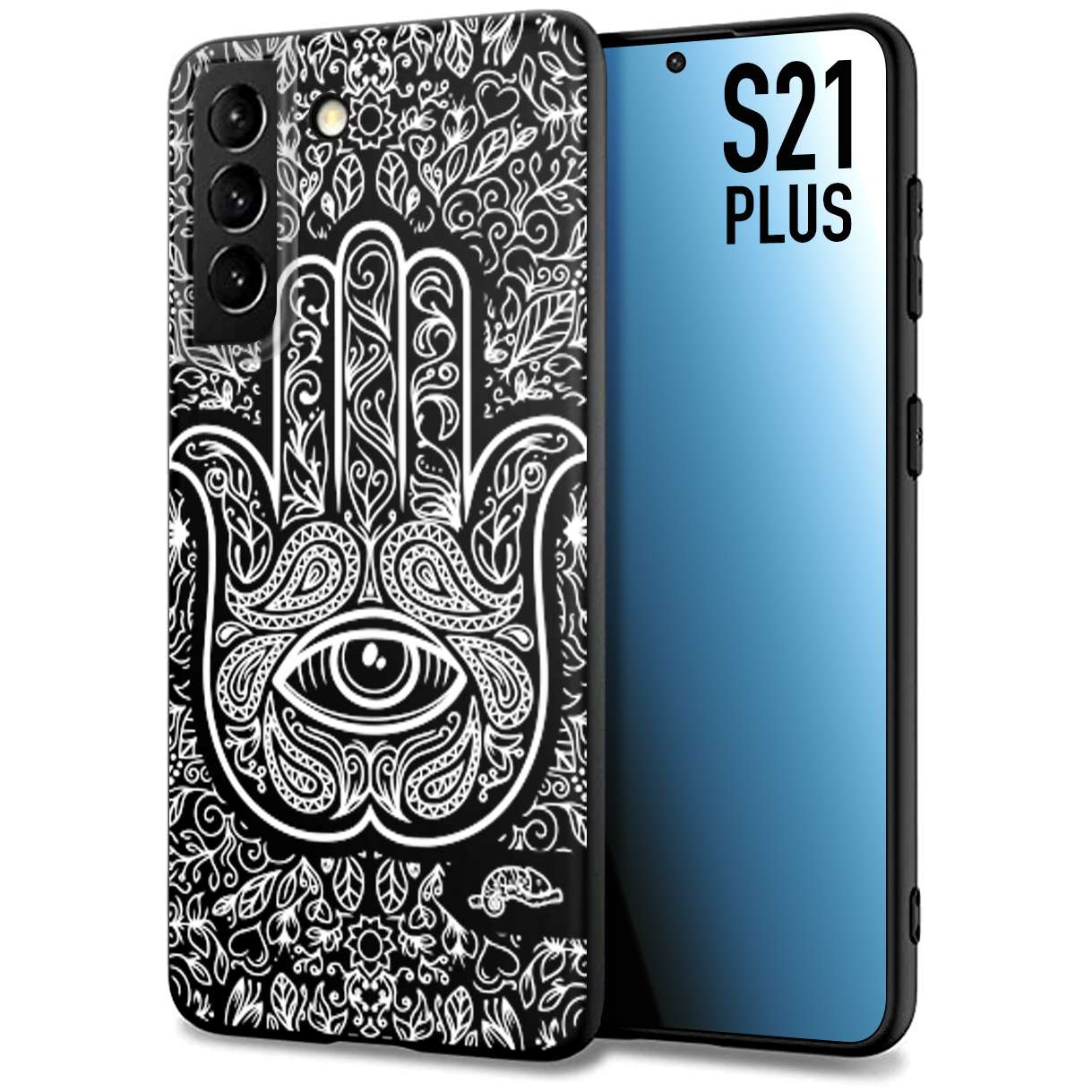 CUSTOMIZZA - Custodia cover nera morbida in tpu compatibile per Samsung S21 PLUS mano di fatima effetto rilievo mandala donna