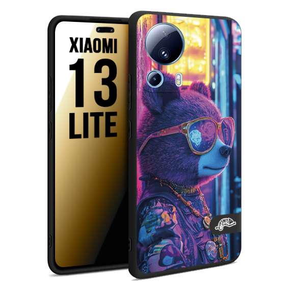 CUSTOMIZZA - Custodia cover nera morbida in tpu compatibile per Xiaomi 13 LITE animali cyberpunk orsetto orso street bear fucsia blu night