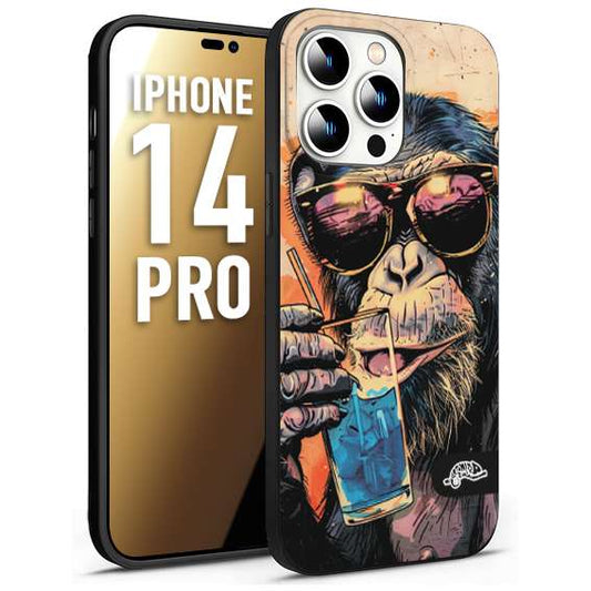 CUSTOMIZZA - Custodia cover nera morbida in tpu compatibile per iPhone 14 PRO estate disegnata cocktails animali simpatici scimmia monkey negroni