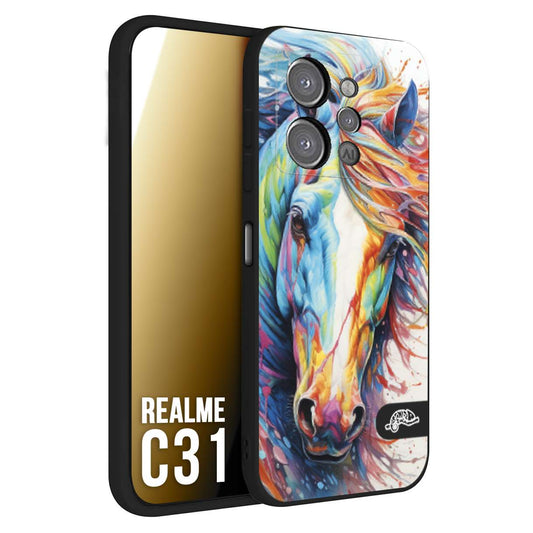 CUSTOMIZZA - Custodia cover nera morbida in tpu compatibile per Realme C31 animali color cavallo horse viso colori vibranti disegnato schizzo