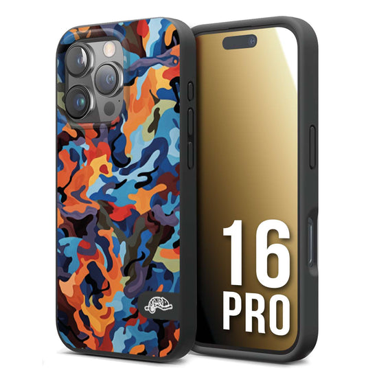 CUSTOMIZZA - Custodia cover nera morbida in tpu compatibile per iPhone 16 PRO camouflage mimetico militare moderno blu arancio rosso