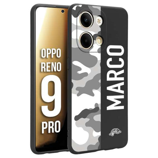 CUSTOMIZZA - Custodia cover nera morbida in tpu compatibile per Oppo Reno 9 PRO camouflage mimetico militare personalizzata nome bianco