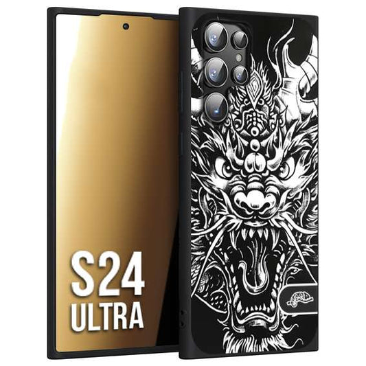 CUSTOMIZZA - Custodia cover nera morbida in tpu compatibile per Samsung S24 ULTRA drago black and white bianco a rilievo disegnato tattoo tatuaggio