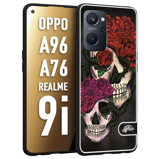 CUSTOMIZZA - Custodia cover nera morbida in tpu compatibile per Realme 9i - A96 - A76 teschi e rose rosse fucsia skull and roses