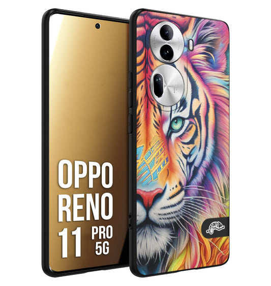 CUSTOMIZZA - Custodia cover nera morbida in tpu compatibile per Oppo Reno 11 PRO 5G animali color tigre tiger viso colori vibranti disegnato schizzo