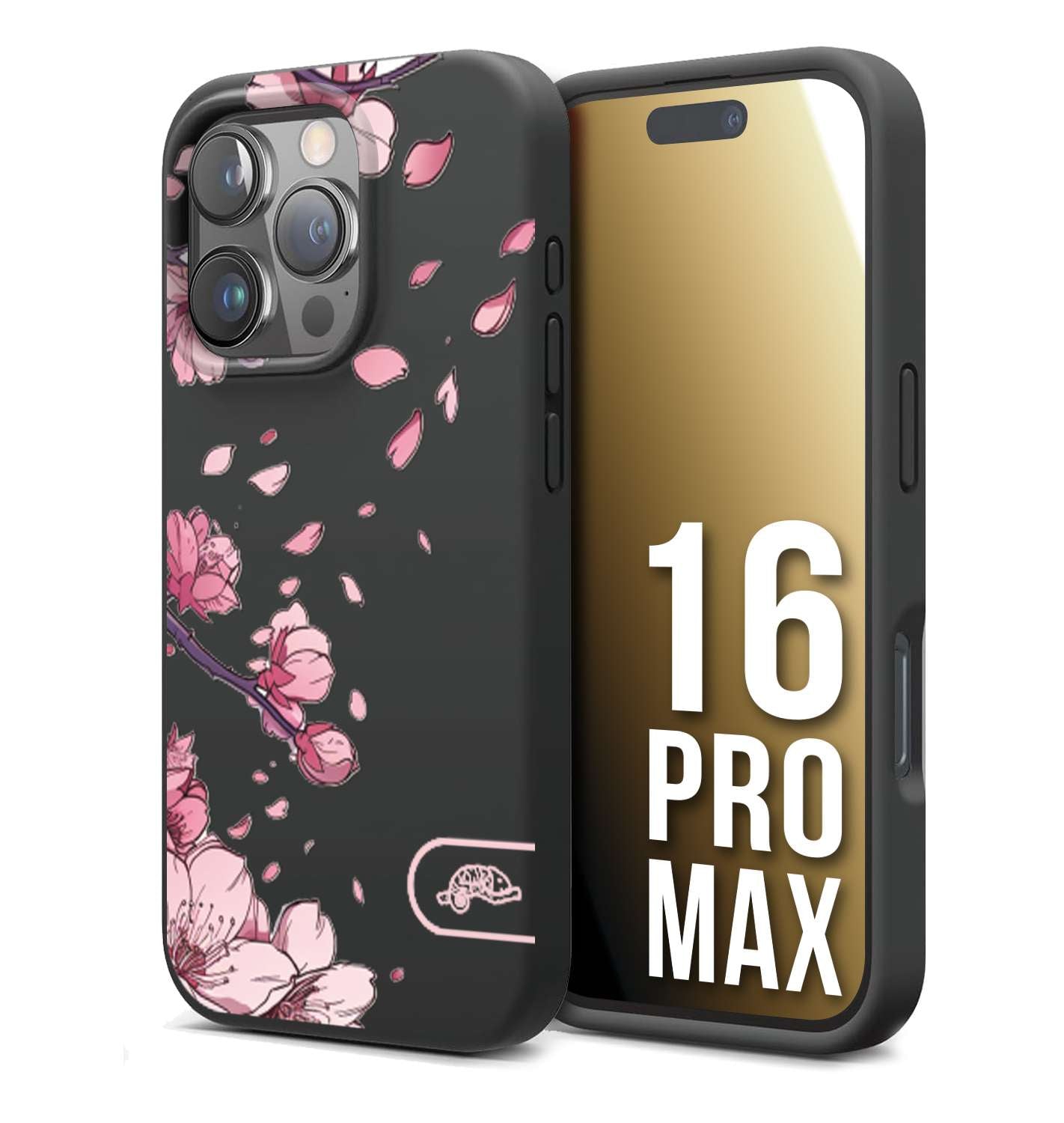 CUSTOMIZZA - Custodia cover nera morbida in tpu compatibile per iPhone 16 PRO MAX giapponese fiori di ciliegio in fiore a rilievo disegnata tattoo