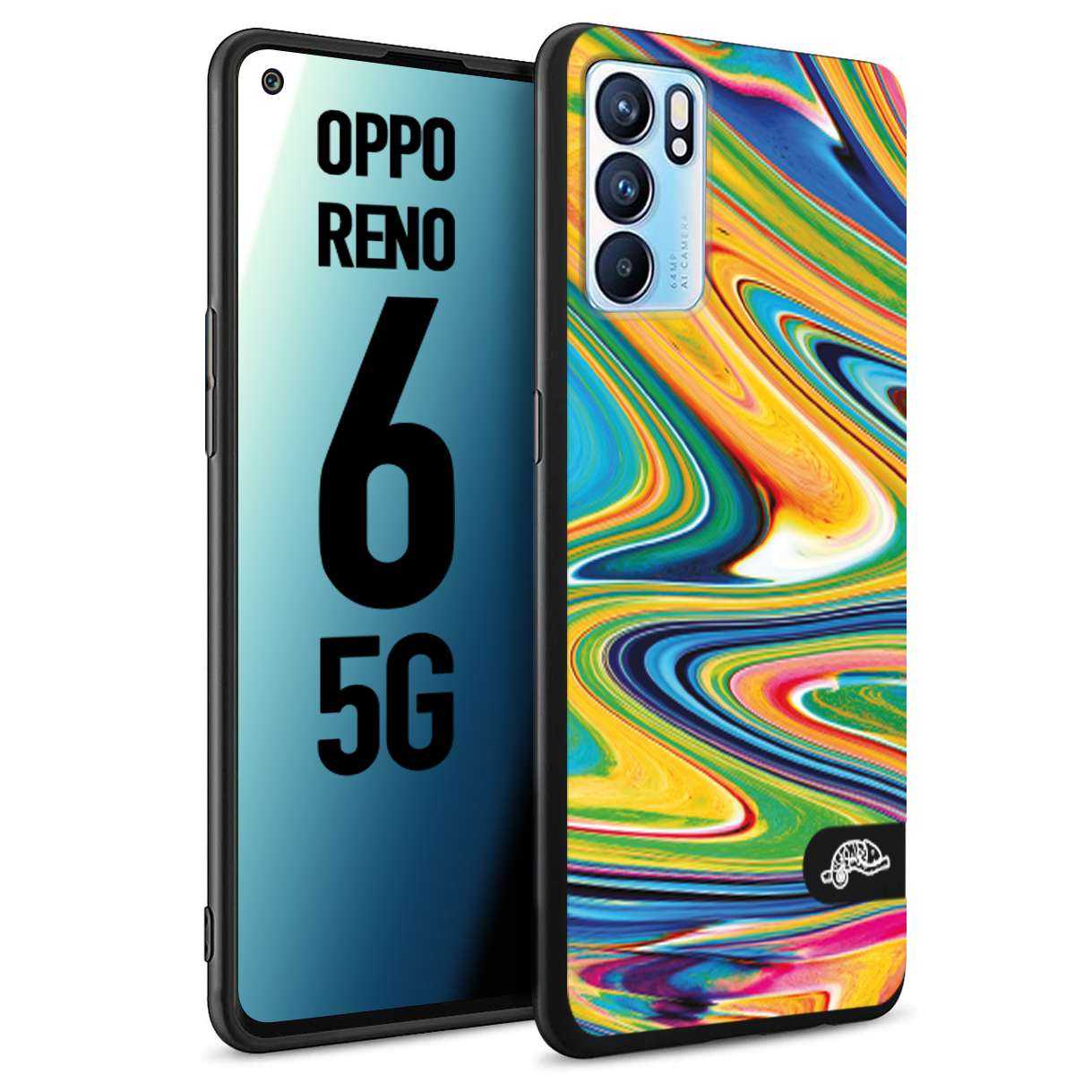 CUSTOMIZZA - Custodia cover nera morbida in tpu compatibile per Oppo Reno 6 5G colorata fantasia vortice marmo arcobaleno gialla verde blu