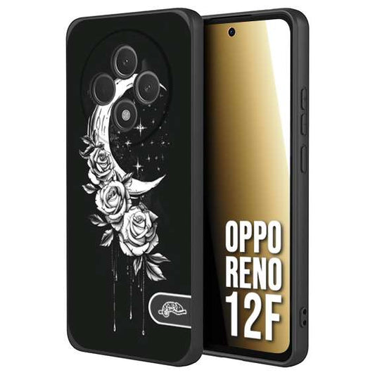 CUSTOMIZZA - Custodia cover nera morbida in tpu compatibile per Oppo Reno 12F luna e fiori moon flowers black and white bianco a rilievo disegnato