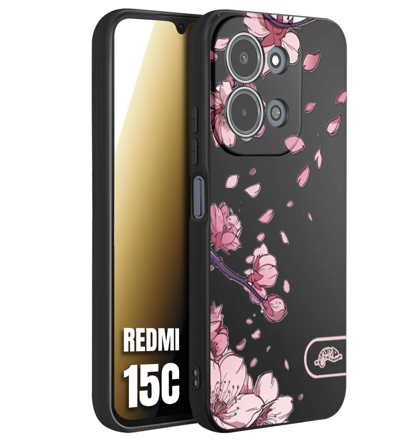 CUSTOMIZZA - Custodia cover nera morbida in tpu compatibile per Xiaomi Redmi 15C giapponese fiori di ciliegio in fiore a rilievo disegnata tattoo