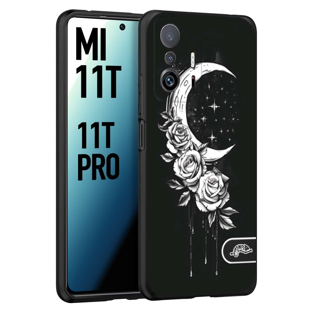 CUSTOMIZZA - Custodia cover nera morbida in tpu compatibile per Xiaomi Mi 11T - Mi 11T PRO luna e fiori moon flowers black and white bianco a rilievo disegnato tattoo tatuaggio