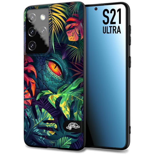 CUSTOMIZZA - Custodia cover nera morbida in tpu compatibile per Samsung S21 ULTRA animali color giungla tropicale occhio di coccodrillo alligatore disegnato