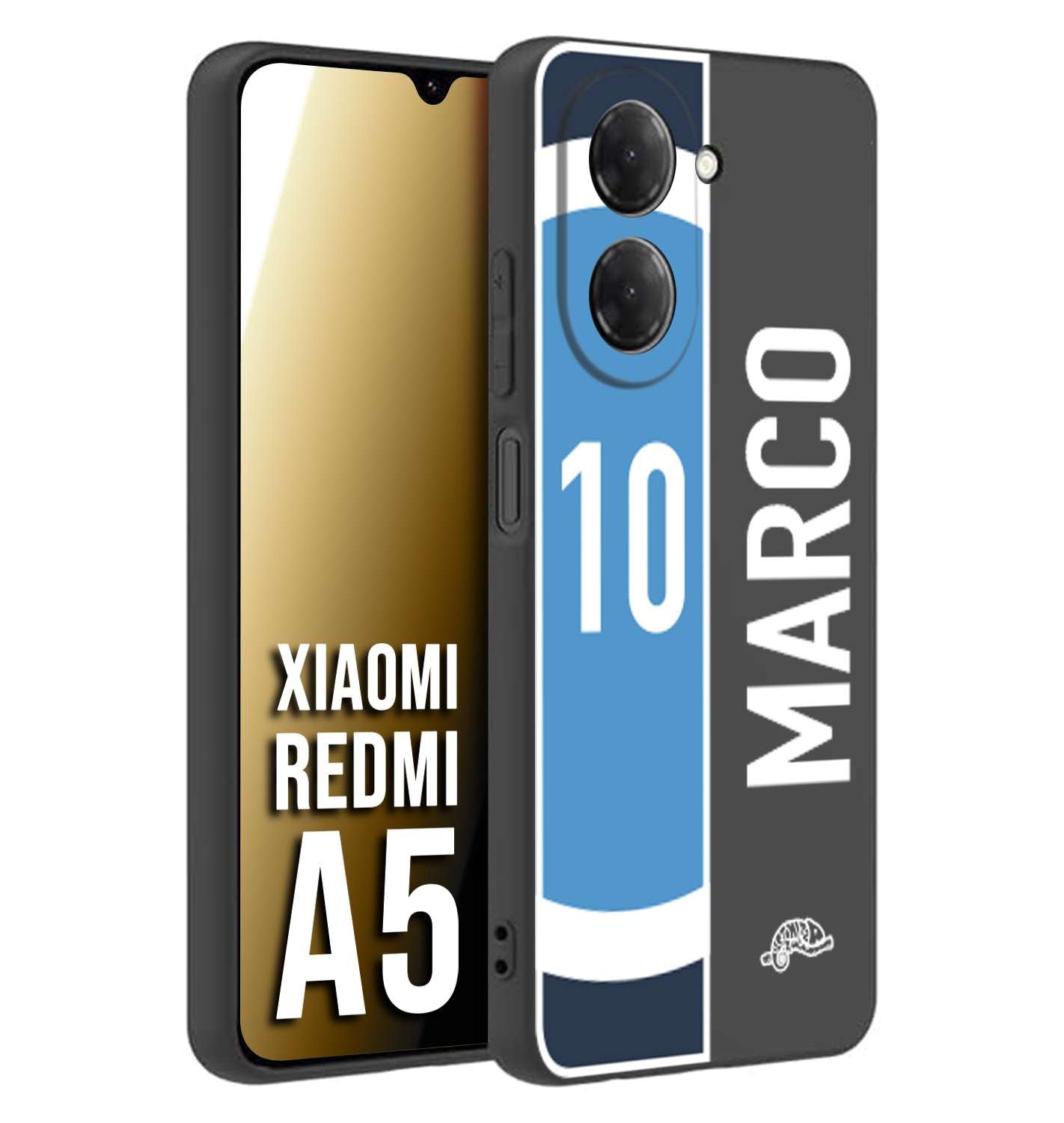 CUSTOMIZZA - Custodia cover nera morbida in tpu compatibile per Xiaomi Redmi A5 personalizzata calcio football nome e numero calciatori biancoazzurri bianco celesti
