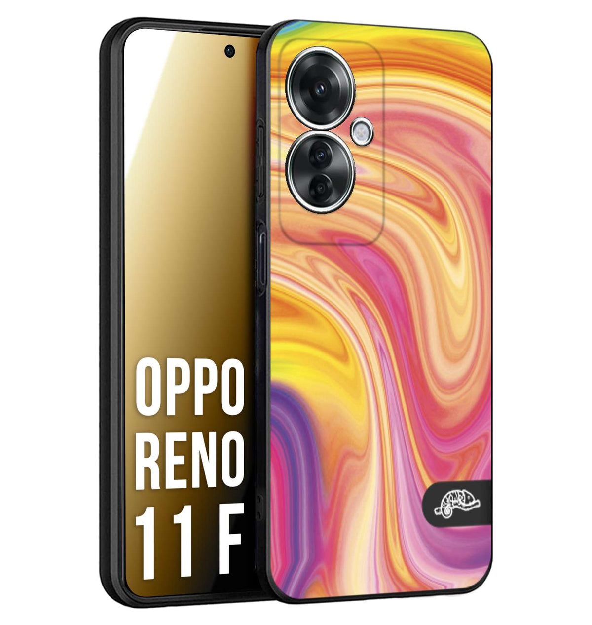 CUSTOMIZZA - Custodia cover nera morbida in tpu compatibile per Oppo Reno 11 F 5G colorata fantasia vortice marmo onde rosa fucsia gialla