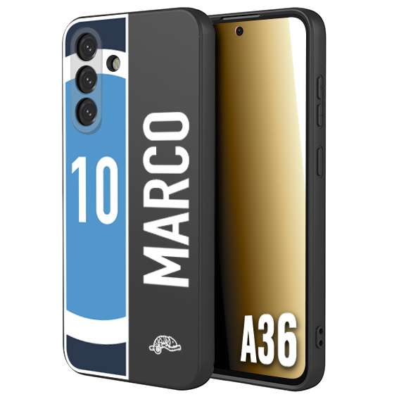 CUSTOMIZZA - Custodia cover nera morbida in tpu compatibile per Samsung A36 personalizzata calcio football nome e numero calciatori biancoazzurri bianco celesti