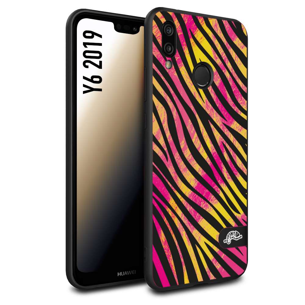 CUSTOMIZZA - Custodia cover nera morbida in tpu compatibile per Huawei Y6 2019 zebrata maculata a rilievo soft touch donna fucsia gialla