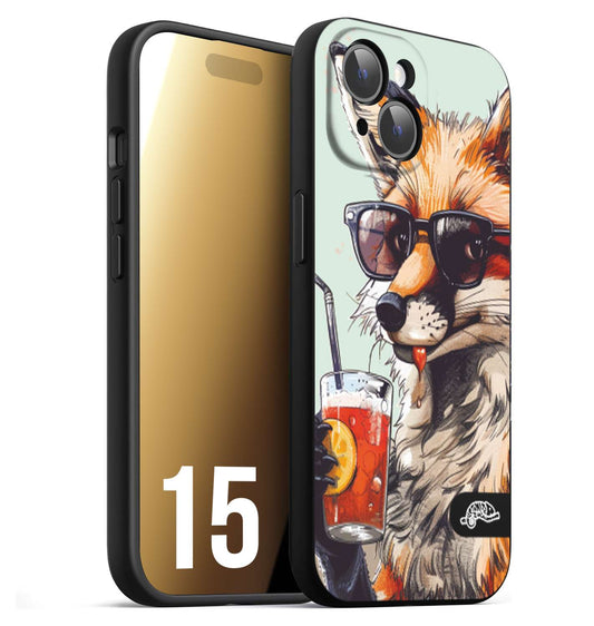 CUSTOMIZZA - Custodia cover nera morbida in tpu compatibile per iPhone 15 estate disegnata cocktails animali simpatici fox volpe negroni