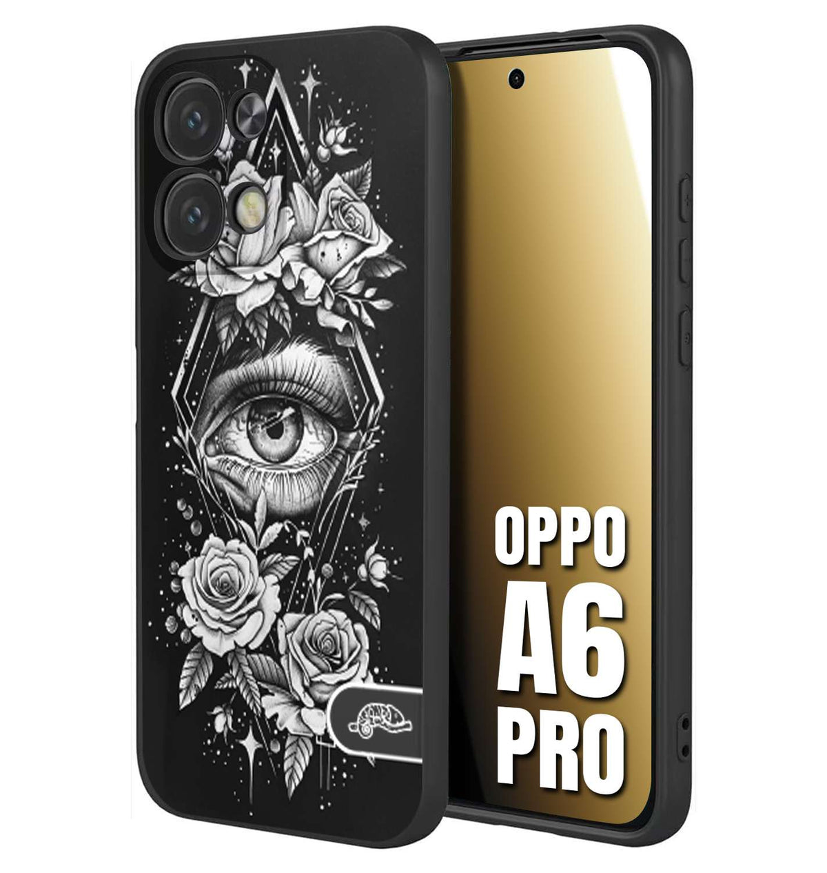 CUSTOMIZZA - Custodia cover nera morbida in tpu compatibile per Oppo A6 PRO occhio fiori rombo geometrico black and white bianco a rilievo disegnato tattoo tatuaggio
