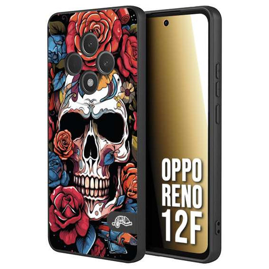 CUSTOMIZZA - Custodia cover nera morbida in tpu compatibile per Oppo Reno 12F teschio skull flowers fiori rose rosse tattoo disegnato