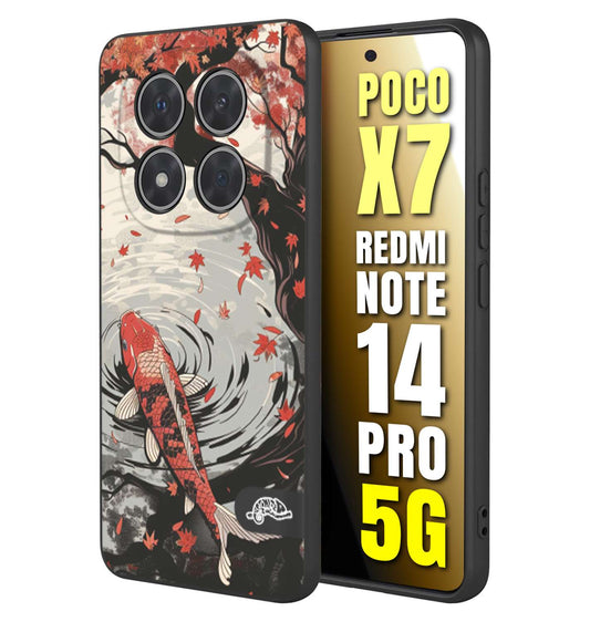 CUSTOMIZZA - Custodia cover nera morbida in tpu compatibile per Xiaomi Redmi Note 14 PRO 5G giapponese lago carpa koi rossa con foglie d'acero rosso disegnata tattoo