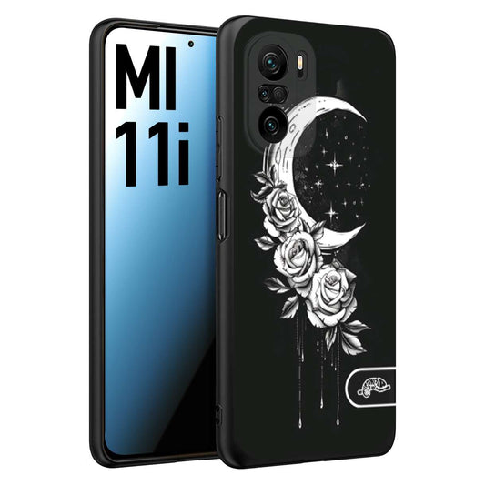 CUSTOMIZZA - Custodia cover nera morbida in tpu compatibile per Xiaomi Mi 11i luna e fiori moon flowers black and white bianco a rilievo disegnato tattoo tatuaggio