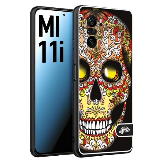 CUSTOMIZZA - Custodia cover nera morbida in tpu compatibile per Xiaomi Mi 11i teschio messicano Mexican skull giallo rosso arancio